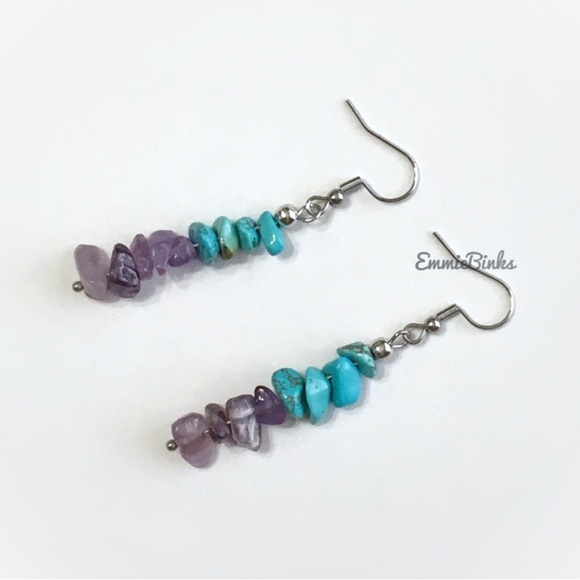 💥3for$28 New Genuine Amethyst and Turquoise Linear Drop Earrings /Gems Stones - Picture 2 of 15